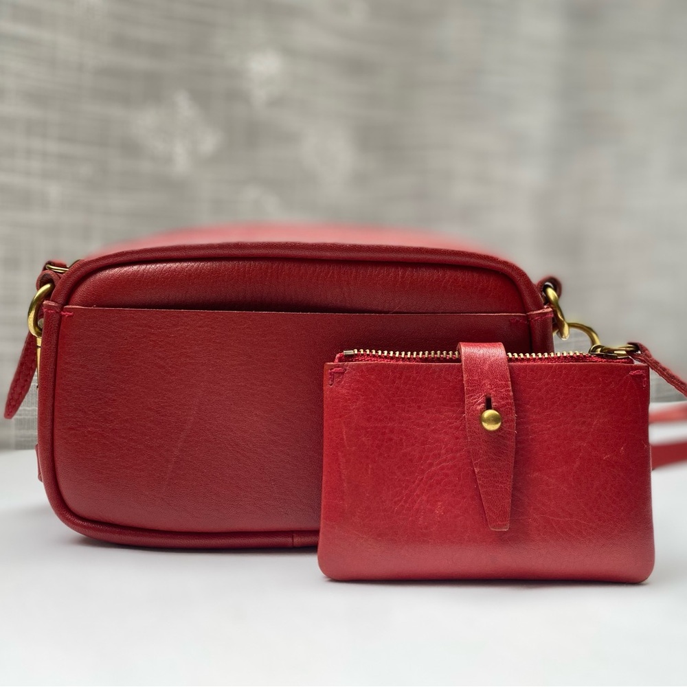 RARE RED MADEWELL LEATHER CARABINER MINI CROSSBODY BAG AND MATCHING WALLET